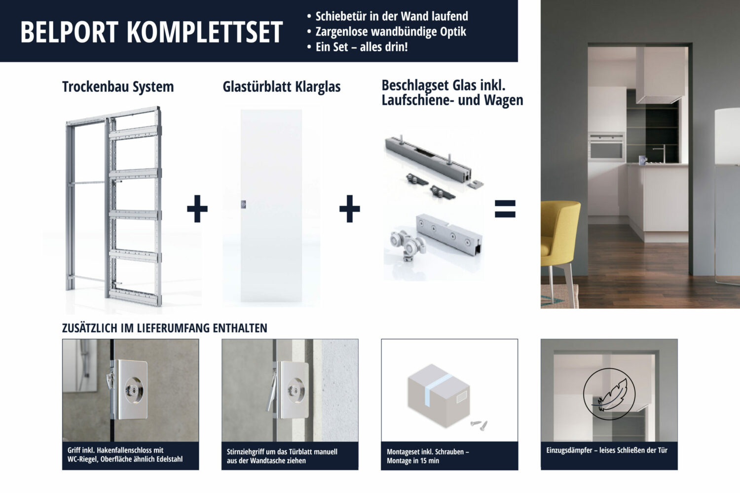 BELPORT B1TG abschließbares Schiebetürkomplettset (Klarglas mit Stirnziehgriff) für Trockenbauwände – Bild 2