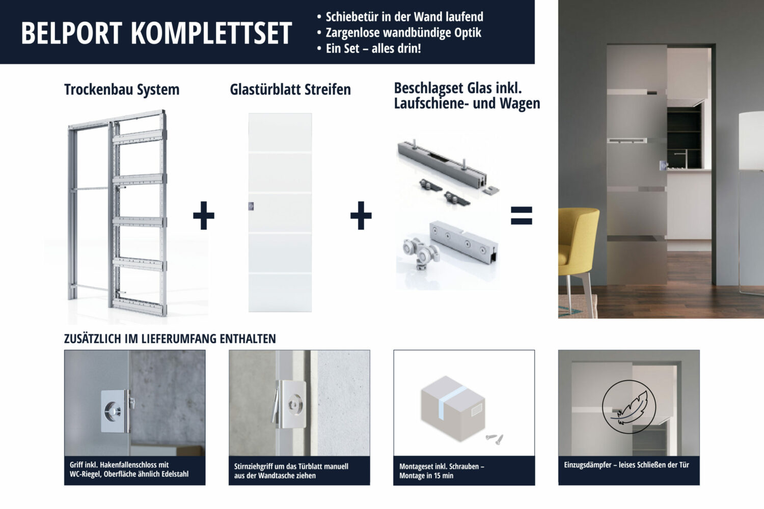 BELPORT B1TG abschließbares Schiebetürkomplettset (Satiniert mit Streifen mit Stirnziehgriff) für Trockenbauwände – Bild 2
