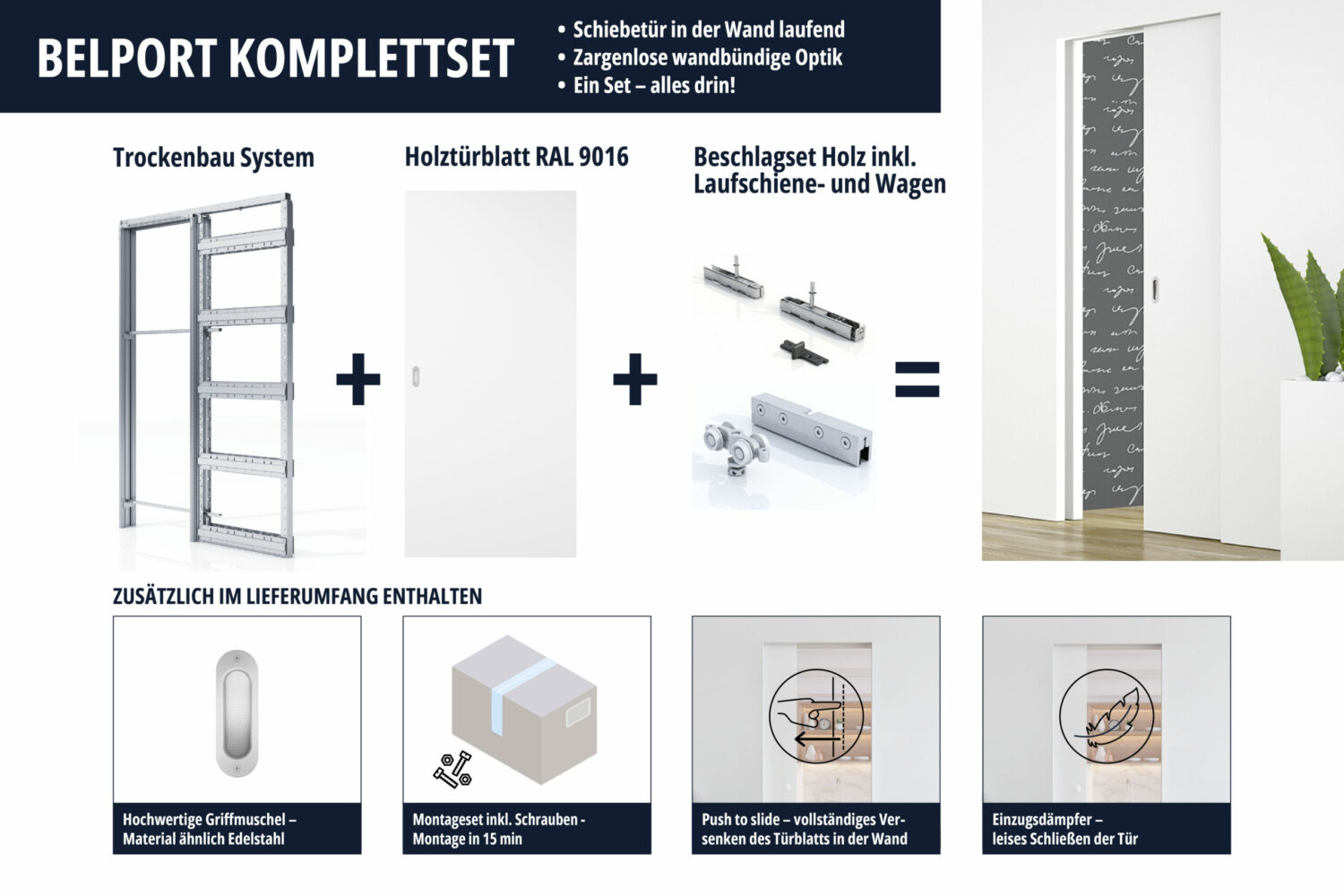 Zargenlose Schiebetür in der Wand laufend I Komplettset mit Holztür I 1-Flügelig I für Trockenbauwände I BELPORT B1TH – Bild 3