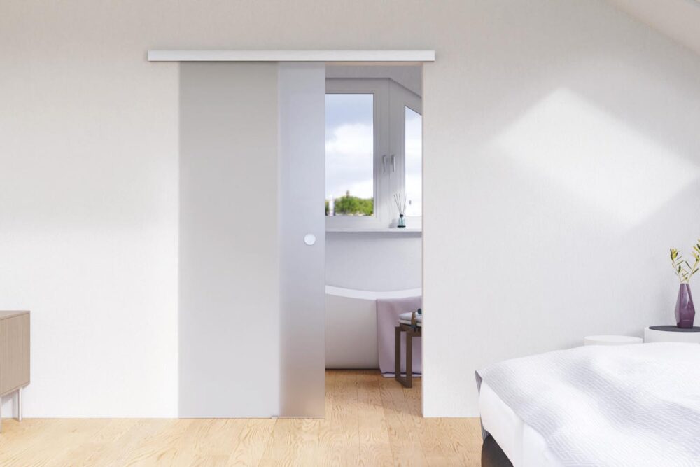 Glasschiebetür Komplettset I Schiebetür Glas mit Beschlag I Softclose I Milchglas (Satiniert), Klarglas, Gestreift I Edelstahl Optik I TRAVAL T1G-C31